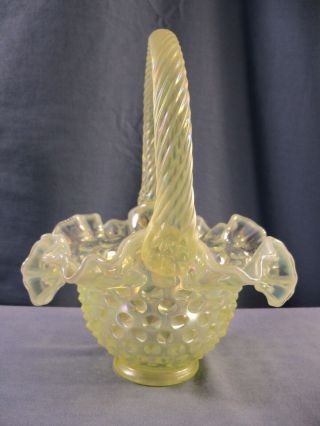 Fenton Hobnail Topaz Opalescent Iridescent Vaseline Glass Basket 7 3/4 " Tall