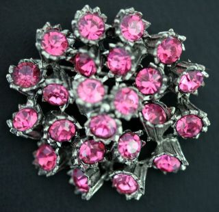 Vintage Hot Pink Facet Cut Glass Foil Back Stone Cast Cluster Floral Pin Nos