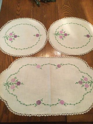 3 Piece Vintage Embroidered Dresser Vanity Set Purple/green Flowers