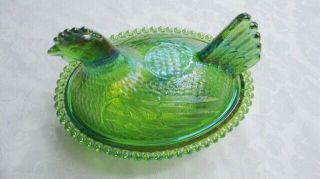 Vintage Iridescent Green Carnival Glass Chicken / Hen On Nest Covered Dish