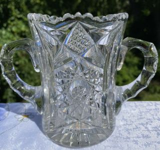 Rare Vintage Cut Crystal Saw Tooth Edge Glass Open Sugar Bowl Double Handled