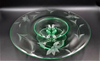 Vintage Etched Green Uranium Depression Glass Cake Stand / Cake Plate