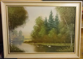 Gemälde Landschaft Swan Ölbild Ölgemälde Malerei Vintage Mid Century