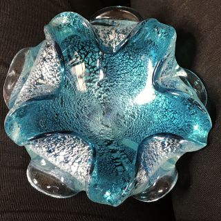 Vintage Murano Art Glass Bowl / Ash Tray - Aqua Blue - Silver - Ruffles Gorgeous