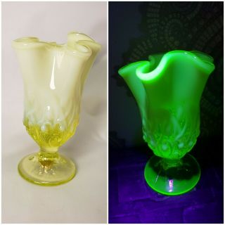 Fenton Vaseline Topaz Yellow Opalescent Lily Of The Valley Art Glass Vase