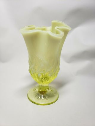 FENTON VASELINE TOPAZ YELLOW OPALESCENT LILY OF THE VALLEY Art Glass vase 2