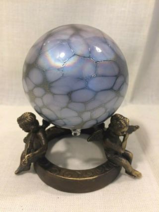 Art Glass Witches Spirit Ball Ornament 3 " Opalescent & S Silver Bronze Stand Evc