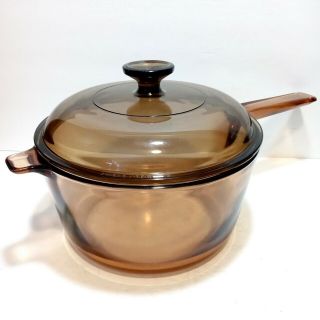 Vintage Corning Ware Visions Amber Glass 2.  5l Sauce Pot Pan W/ Lid - Made In Usa