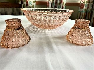Vintage Pink Depression Glass Prism Textured Large Serving Bowl & Candleholders