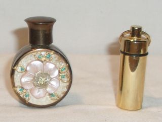2 Vintage Miniature Perfume Bottles - Floral Brass & Glass,  Gold Tone Pendant