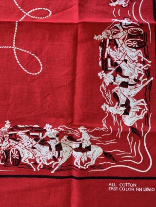 Vintage Western Cowboy On Horses & Stage Coaches Handkerchief Red Mcm
