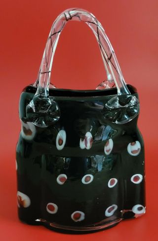 Murano Style Art Glass Handbag Purse Vase Black W/red & White Millefiori Design