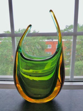 Vintage Murano Art Glass Flavio Poli Green & Amber Sommerso Pillow Vase 8 " H