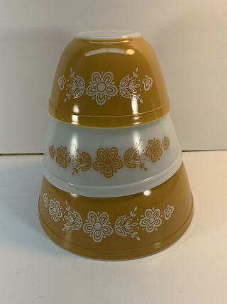 Vintage Pyrex Mixing Bowls Set Of 3 Butterfly Gold