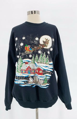 Vtg Black Puffy Paint Ugly Christmas Sweater Santa Reindeer Snowman Snow L/xl