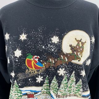 Vtg Black Puffy Paint UGLY CHRISTMAS SWEATER Santa Reindeer Snowman Snow L/XL 2