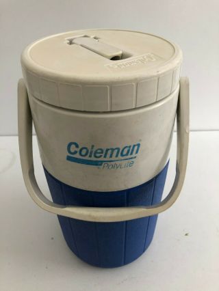 Vintage 1989 Coleman Polylite Water Jug Cooler Blue White 1/2 Gallon Model 5590