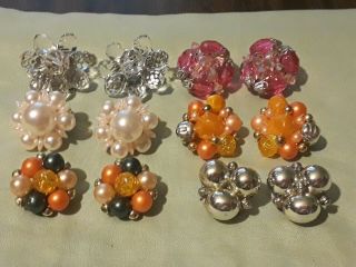 Vintage Cluster Clip On Earrings Pink Clear Orange Silver Tone