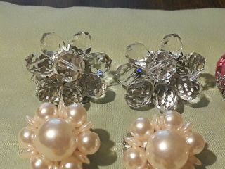 Vintage Cluster Clip On Earrings pink clear orange Silver tone 2