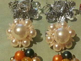 Vintage Cluster Clip On Earrings pink clear orange Silver tone 3