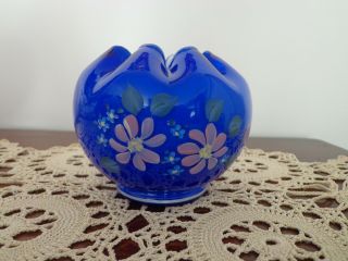 Vintage Fenton Hand Painted & Signed Round Blue Vase