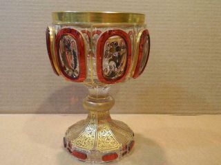 Large Goofus Glass 6 3/4 " Goblet Gold & Red Hand Painted Trim W/ Floral Cameos