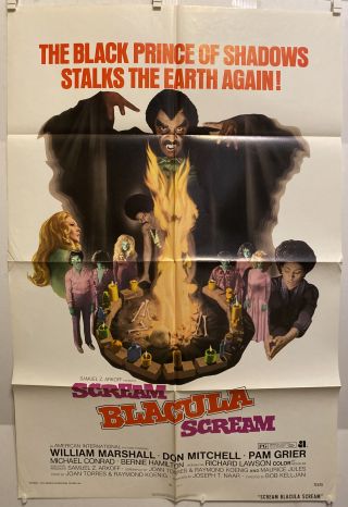 Vintage 1973 Scream Blacula Scream One Sheet Folded Movie Poster 27”x41”