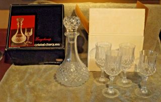 Cristal D’arques Crystal Longchamp Decanter France Vintage 11 " Tall W/ Glasses