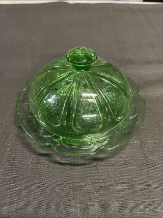Collectible Vintage Green Depression Domed Glass Butter Cheese Dish W/ Cover