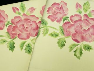 Vintage Pillowcases Hand Painted Stenciled Pink Roses On Yellow Estate 1950s