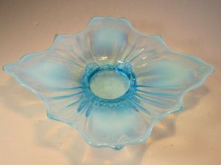 Antique Dugan Blue Opalescent Glass Fan Pattern Footed Card Tray Whimsey Dish