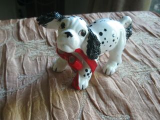 Vtg Porcelain Spotted Spaniel Spaghetti Ears & Tail Red Scarf In Mouth & On Paw