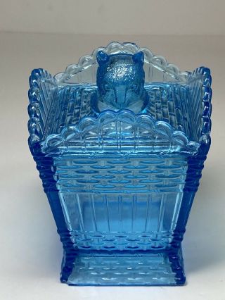 Antique Greentown Teal Blue Glass Cat On A Hamper Lidded Dish Trinket