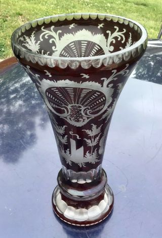 Antique Bohemian Egermann Cranberry Acid Cut Castle & Deer Glass Vase Big 12.  5”