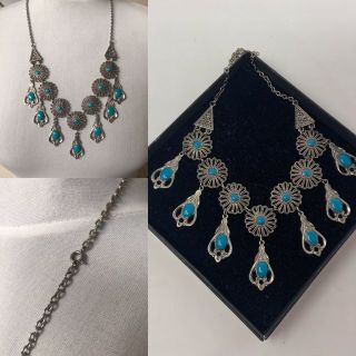 Vintage Gunmetal Floral Filigree Pendant Faux Turquoise Necklace Native American