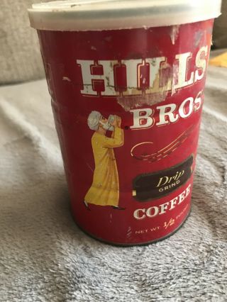 VINTAGE HILLS BROS 1/2 POUND COFFEE CAN with PLASTIC LID - circa late 1960 ' s 3