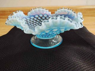 Vintage Fenton Blue Opalescent Hobnail Ruffled Footed Bowl.