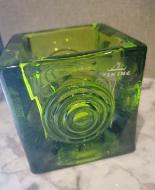 Vintage Green Viking Glass 3.  25 " Bullseye Votive Candle Cube W/label/sticker