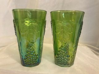 2 Large Iridescent Lime Green Harvest Carnival Glasses Tumblers Indiana Glass