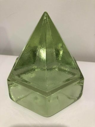 Vintage Mid Century Modern Mcm Peridot Green Glass Hexagonal Pyramid Paperweight