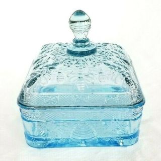 Vintage Ice Blue Tiara Indiana Glass Honey Bees & Hives Footed Candy Dish & Lid