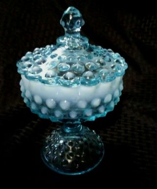 Vintage Fenton Aqua Blue Opalescent Hobnail Covered Compote Candy Dish