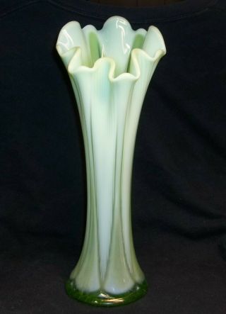 Vintage 12 " Fenton Art Glass Jadeite Green Opalescent Stretch Swung Vase