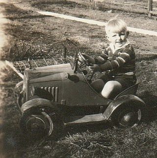 Lucky Little Boy In A Sharp 1920s Pedal Car Roadster Vintage B&w Snapshot Photo