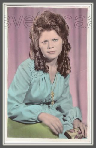 Lovely Young Girl 17yo Long Curled Hair Hand Tinted Clored Soviet Vintage Photo