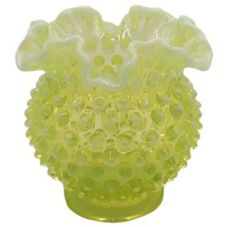 Vintage Fenton Vaseline Opalescent Yellow Topaz Uranium Ruffled Hobnail Vase