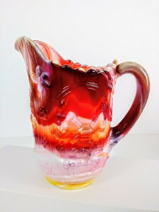 Vintage 3 Panel Scene Ruby Red Slag Glass Pitcher Glossy By Imperial