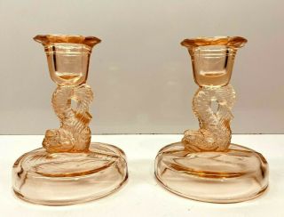 Vintage Set Of 2 Pink Depression Glass Koi Fish Candle Holders 4.  5 " Tall