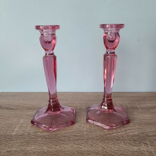 Pair Fenton Art Glass Dusty Rose Pink Candlesticks 8 3/8 "