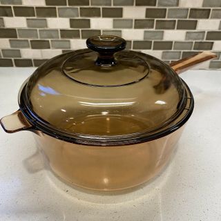 Vintage Vision Corning Ware 2.  5l Amber Large Saucepan Pot W/ Lid Made In Usa